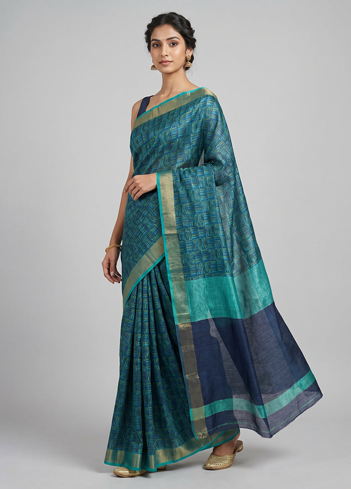 Blue Handloom Tussar Pure Silk Saree With Blouse Piece