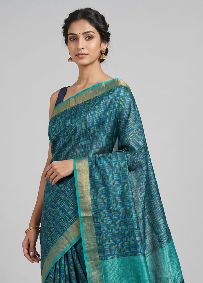 Blue Handloom Tussar Pure Silk Saree With Blouse Piece