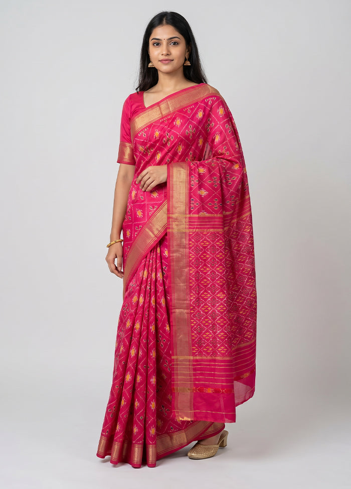 Pink Handloom Ikkat Pure Silk Saree With Blouse Piece