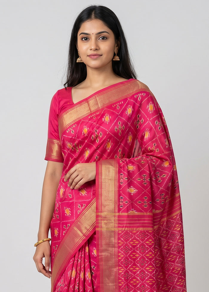 Pink Handloom Ikkat Pure Silk Saree With Blouse Piece