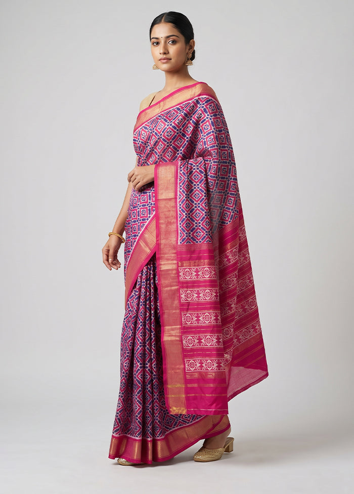Blue Handloom Ikkat Pure Silk Saree With Blouse Piece
