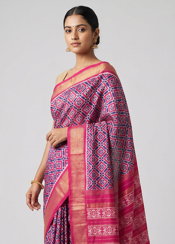 Blue Handloom Ikkat Pure Silk Saree With Blouse Piece