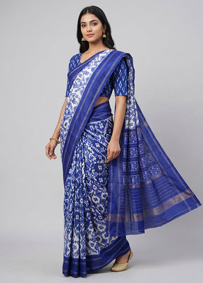 White Handloom Ikkat Pure Silk Saree With Blouse Piece