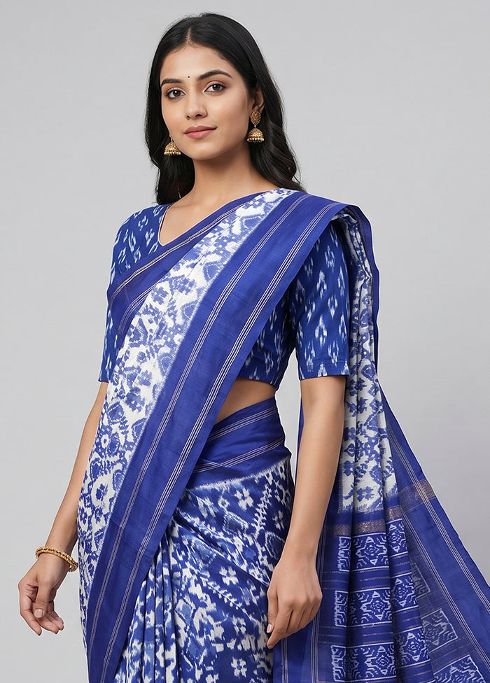 White Handloom Ikkat Pure Silk Saree With Blouse Piece