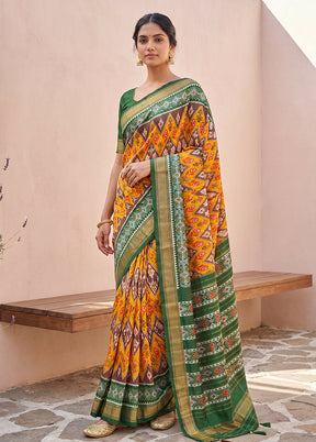 Orange Handloom Ikkat Pure Silk Saree With Blouse Piece
