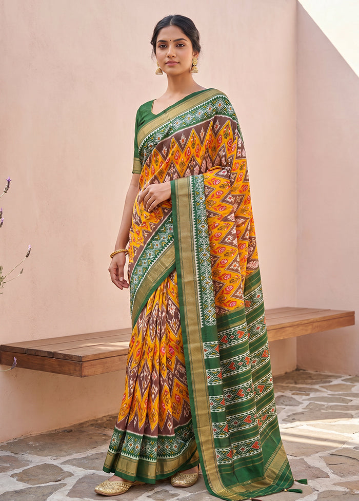 Orange Handloom Ikkat Pure Silk Saree With Blouse Piece