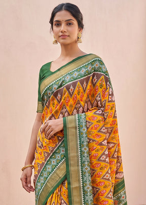 Orange Handloom Ikkat Pure Silk Saree With Blouse Piece