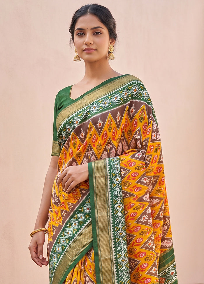Orange Handloom Ikkat Pure Silk Saree With Blouse Piece