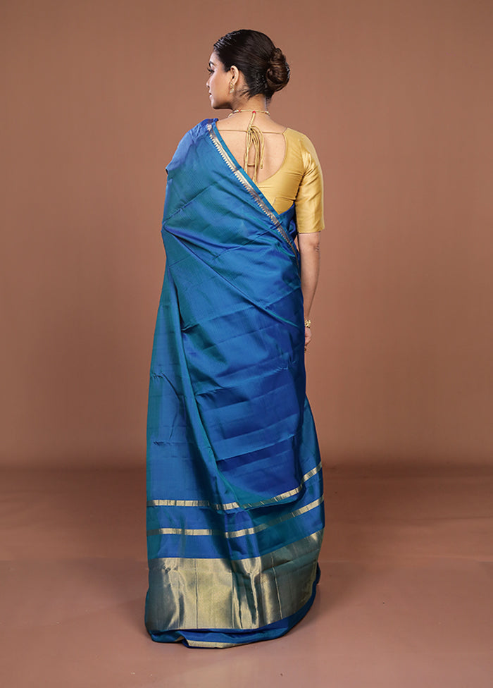 Blue Handloom Kanjivaram Pure Silk Saree With Blouse Piece