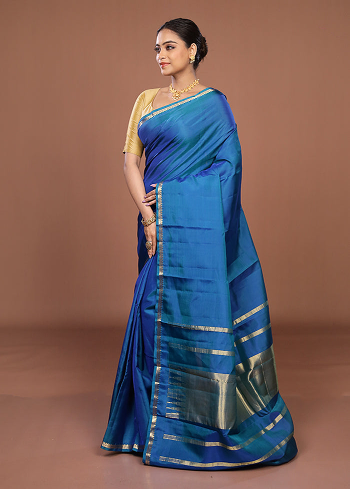 Blue Handloom Kanjivaram Pure Silk Saree With Blouse Piece