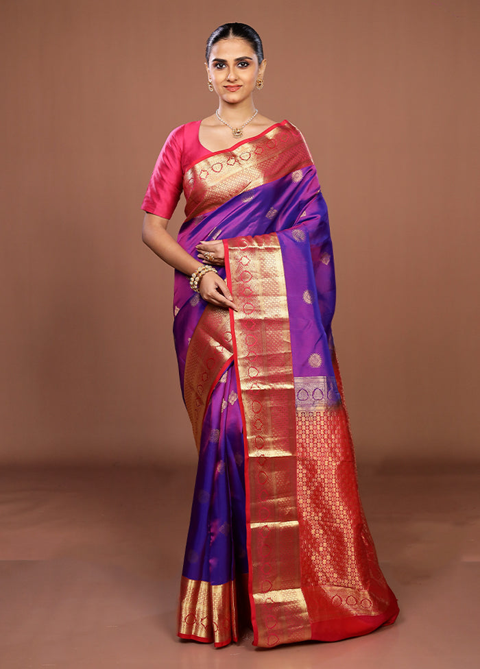 Blue Handloom Kanjivaram Pure Silk Saree With Blouse Piece