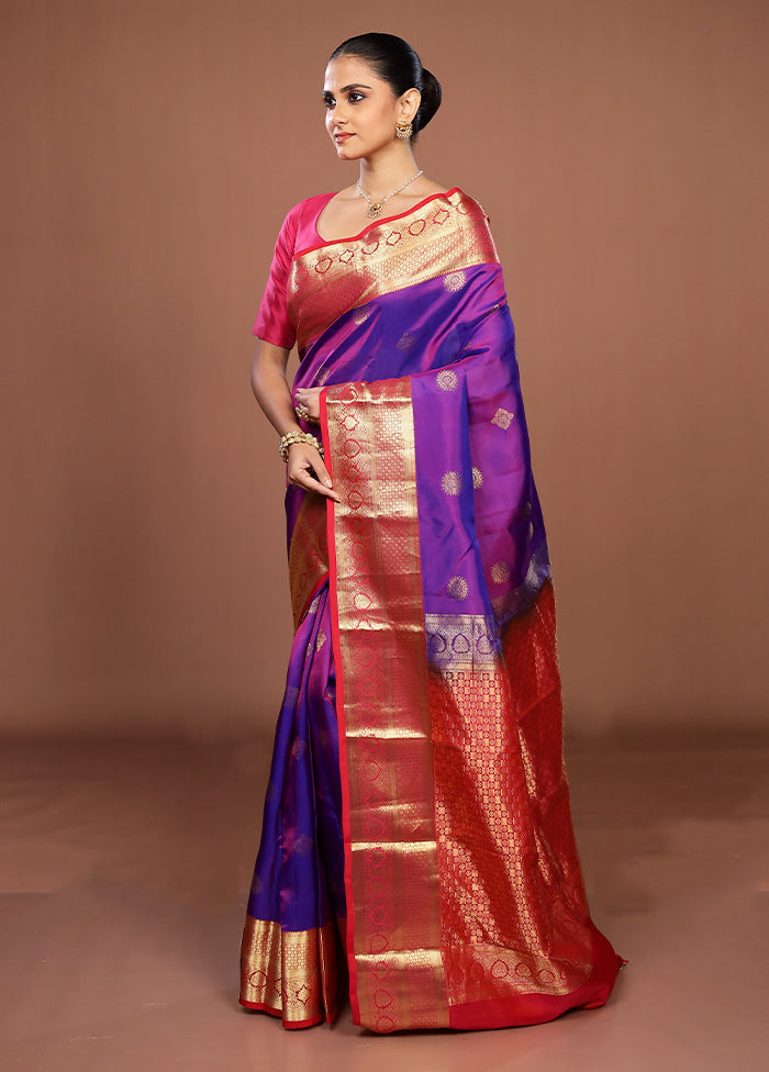 Blue Handloom Kanjivaram Pure Silk Saree With Blouse Piece