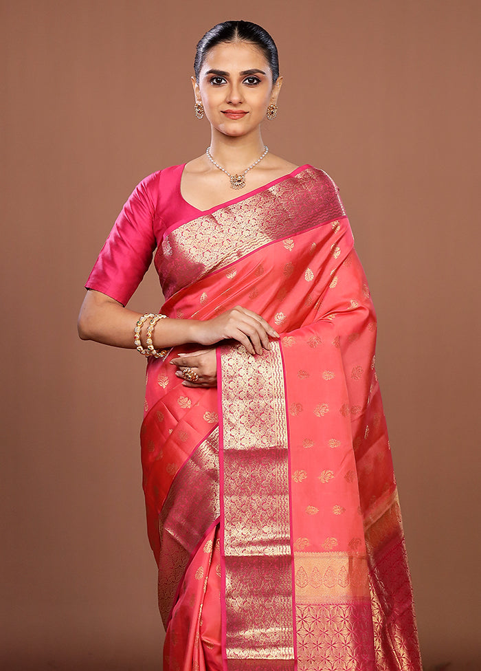 Pink Handloom Kanjivaram Pure Silk Saree With Blouse Piece