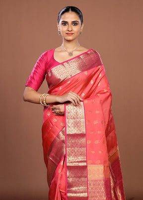 Pink Handloom Kanjivaram Pure Silk Saree With Blouse Piece