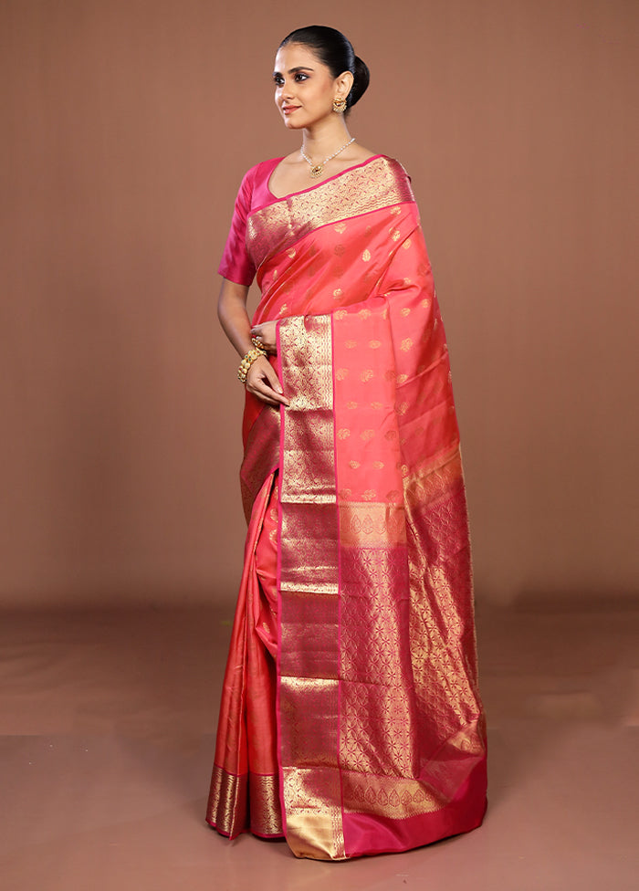 Pink Handloom Kanjivaram Pure Silk Saree With Blouse Piece