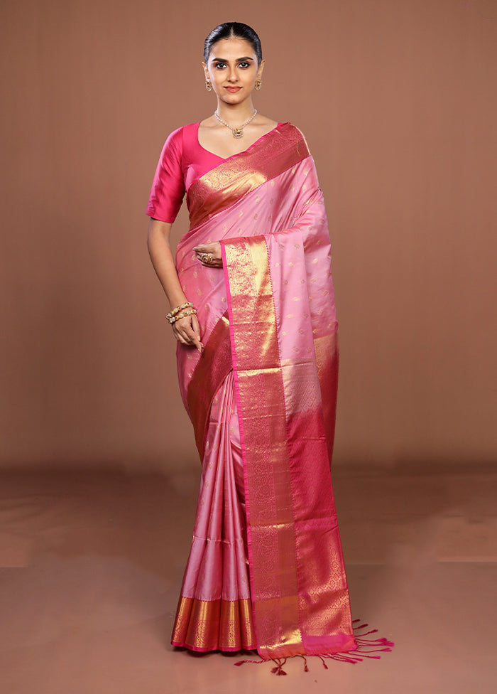 Pink Kanjivaram Silk Saree With Blouse Piece
