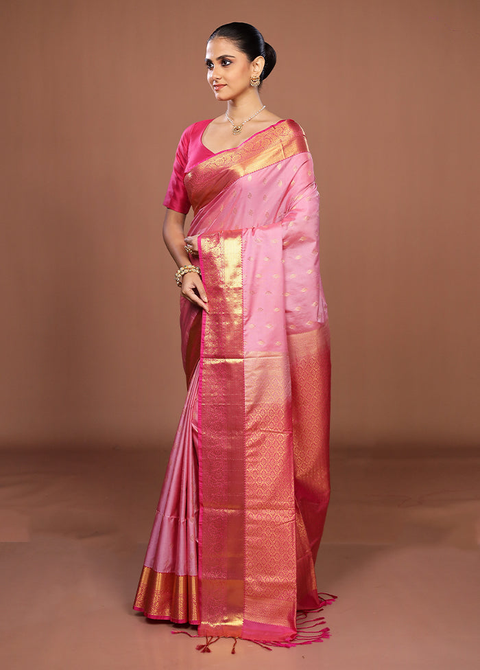 Pink Kanjivaram Silk Saree With Blouse Piece