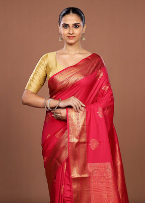 Pink Kanjivaram Silk Saree With Blouse Piece