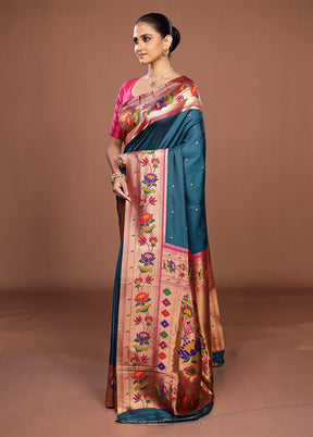 Blue Dupion Silk Saree With Blouse Piece