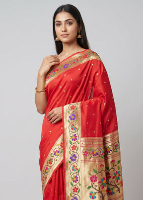 Red Dupion Silk Saree With Blouse Piece