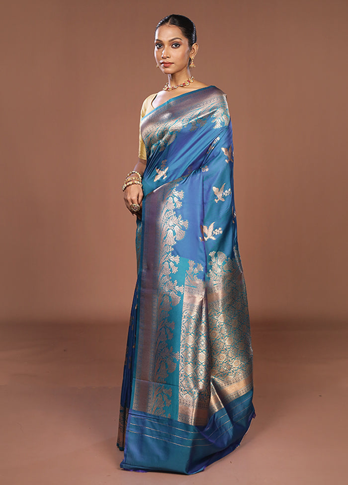 Blue Dupion Silk Saree With Blouse Piece
