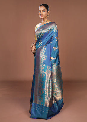 Blue Dupion Silk Saree With Blouse Piece