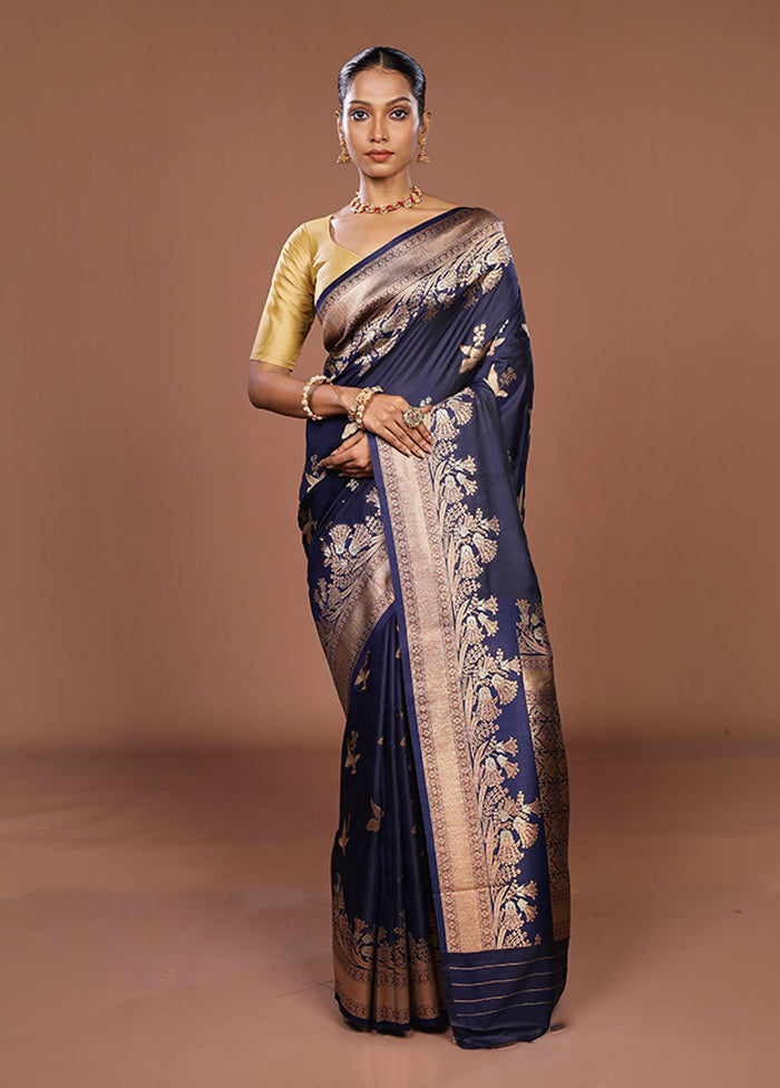 Blue Dupion Silk Saree With Blouse Piece