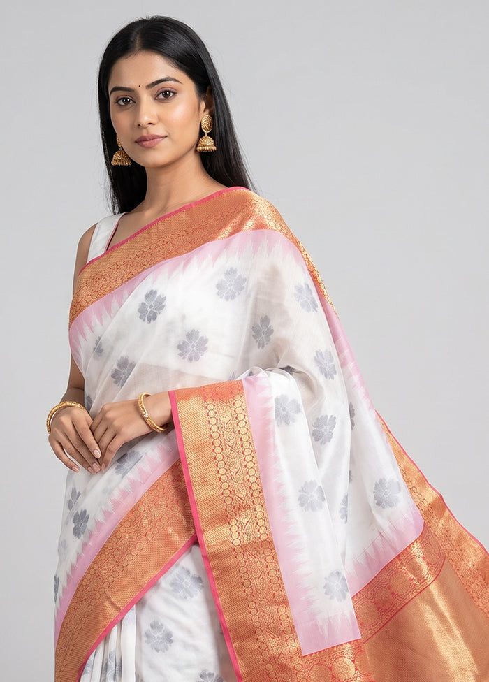 White Dupion Silk Saree With Blouse Piece