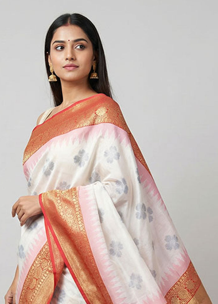 White Dupion Silk Saree With Blouse Piece