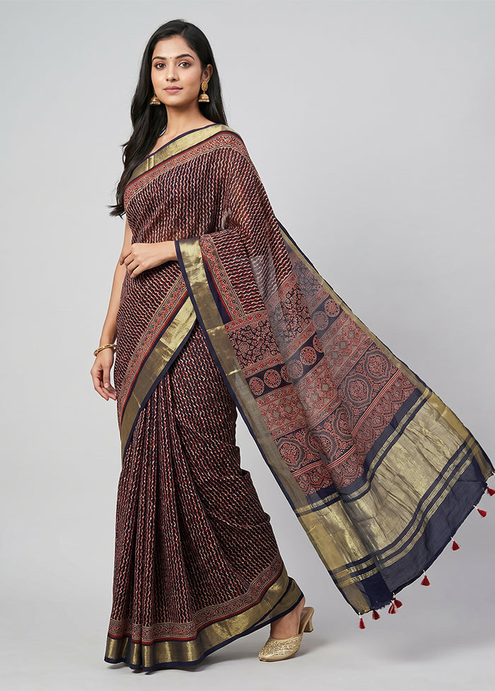 Blue Printed Silk Saree Without Blouse Piece
