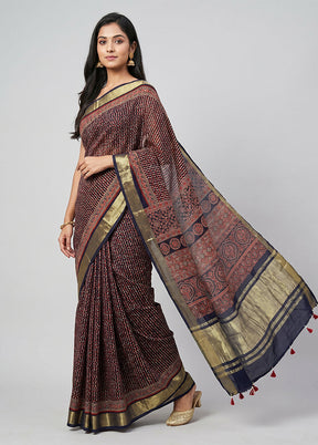 Blue Printed Silk Saree Without Blouse Piece