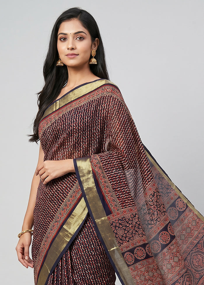 Blue Printed Silk Saree Without Blouse Piece