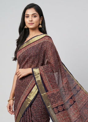 Blue Printed Silk Saree Without Blouse Piece