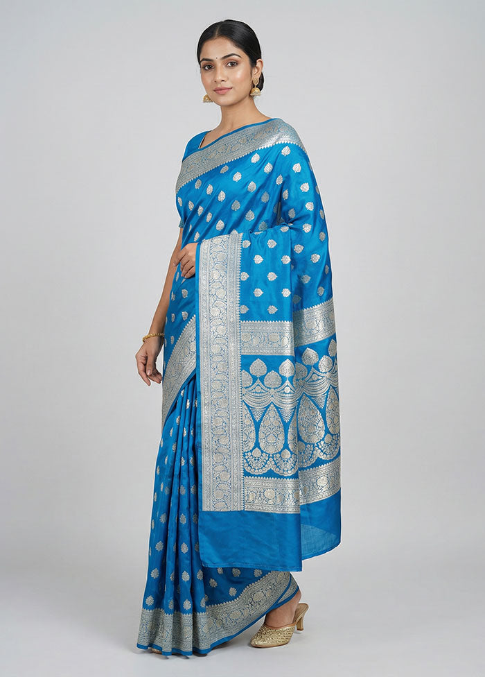 Blue Handloom Banarasi Pure Silk Saree With Blouse Piece