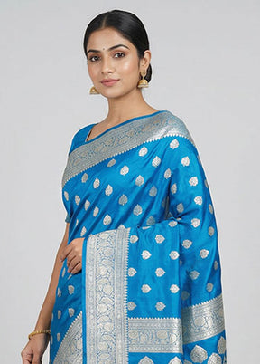 Blue Handloom Banarasi Pure Silk Saree With Blouse Piece