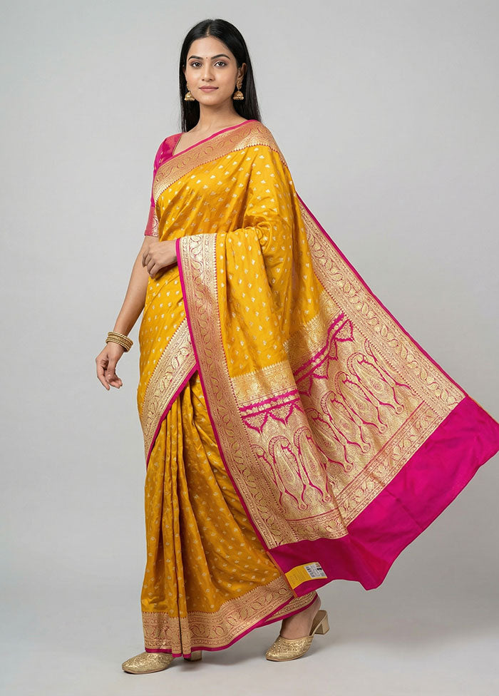 Yellow Handloom Banarasi Pure Silk Saree With Blouse Piece