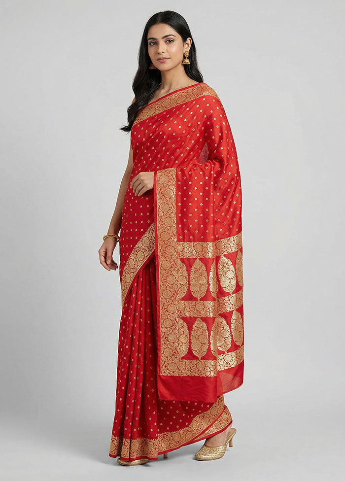 Red Handloom Banarasi Pure Silk Saree With Blouse Piece