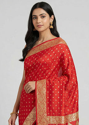 Red Handloom Banarasi Pure Silk Saree With Blouse Piece