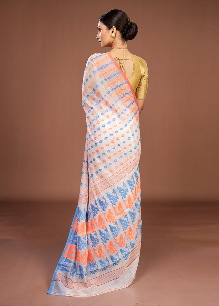 White Jamdani Cotton Saree Without Blouse Piece