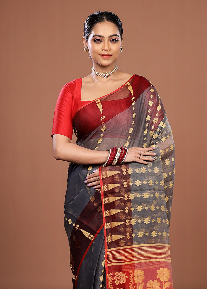Maroon Jamdani Cotton Saree Without Blouse Piece
