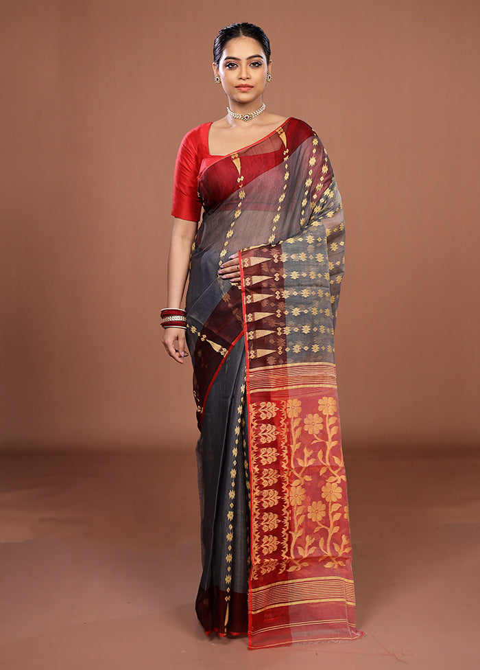 Maroon Jamdani Cotton Saree Without Blouse Piece