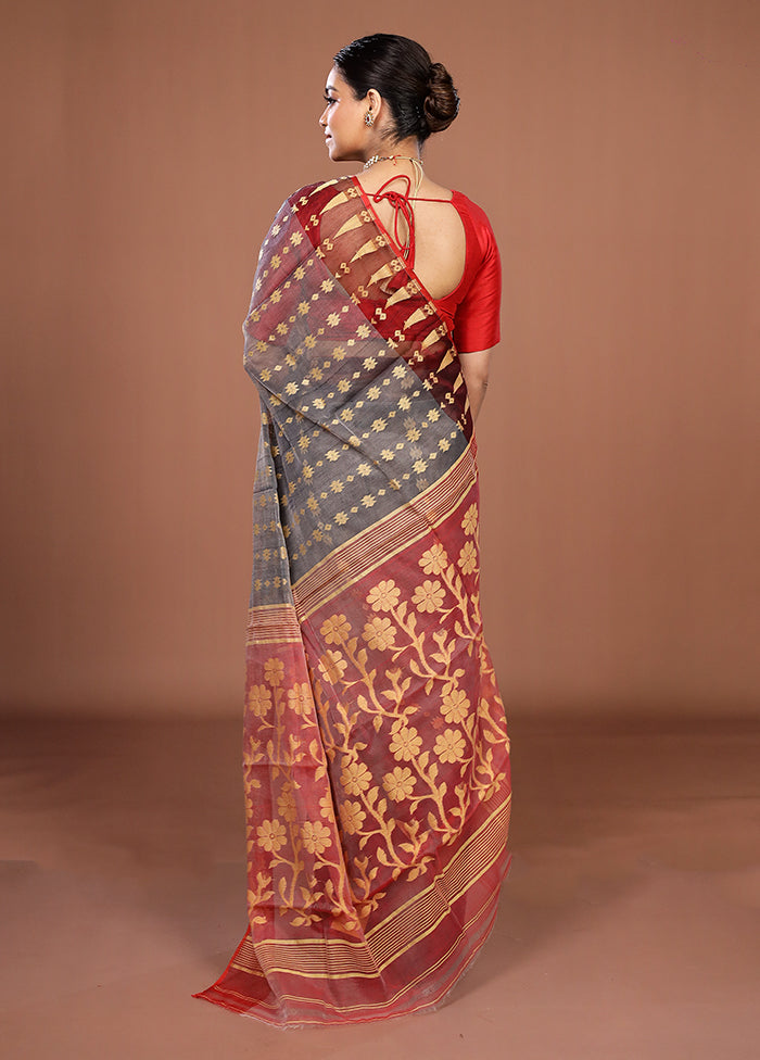 Maroon Jamdani Cotton Saree Without Blouse Piece