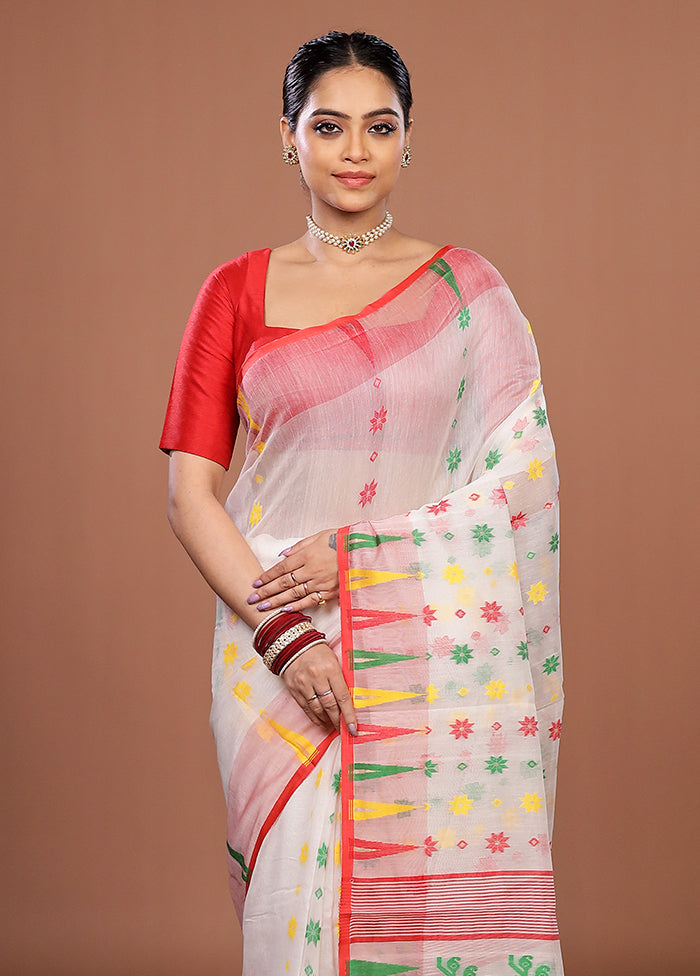 White Jamdani Cotton Saree Without Blouse Piece