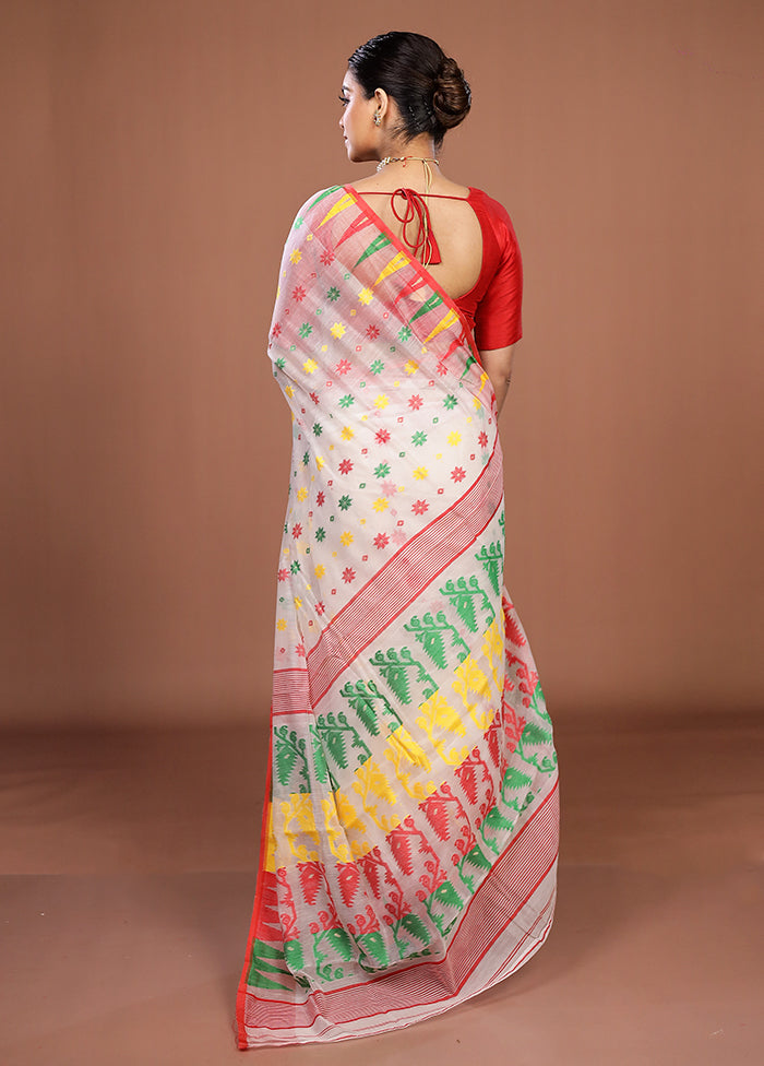 White Jamdani Cotton Saree Without Blouse Piece