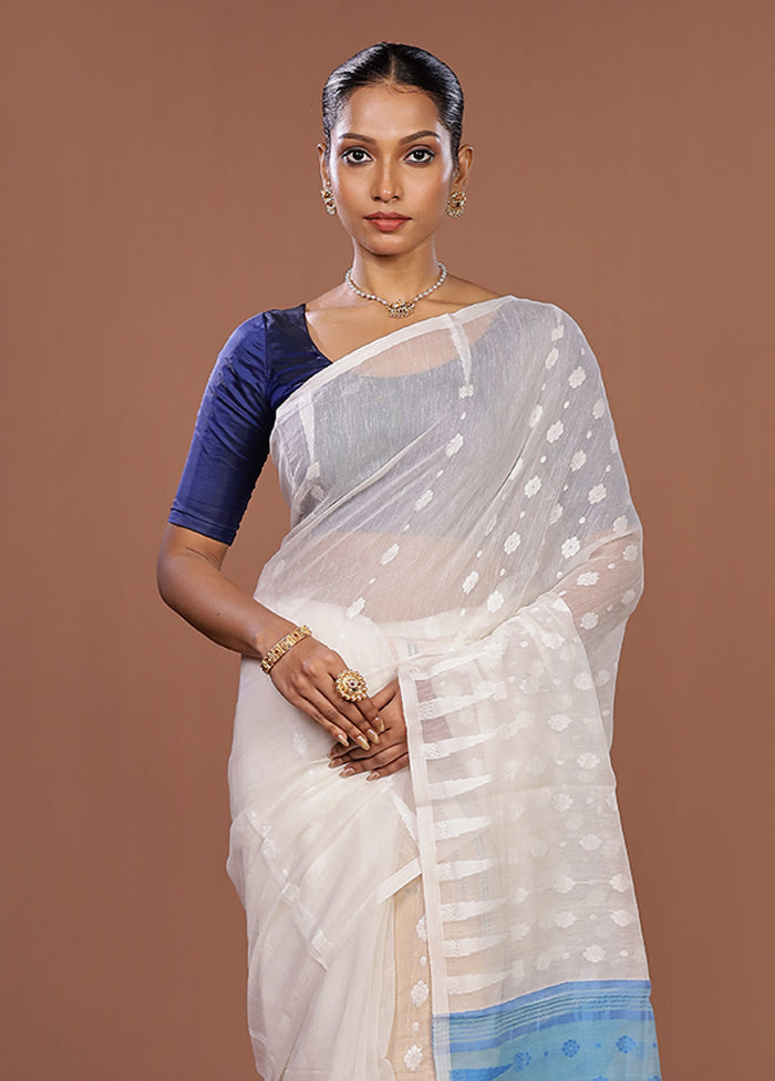 Blue Jamdani Cotton Saree Without Blouse Piece