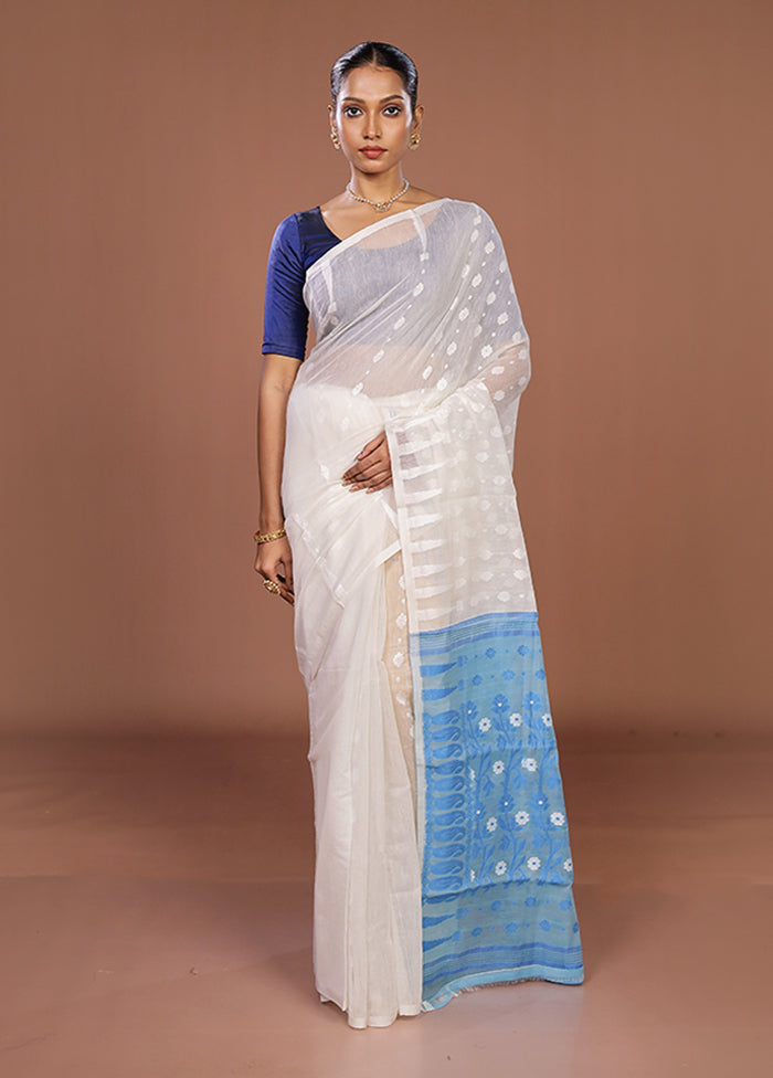 Blue Jamdani Cotton Saree Without Blouse Piece