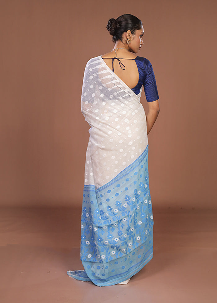 Blue Jamdani Cotton Saree Without Blouse Piece