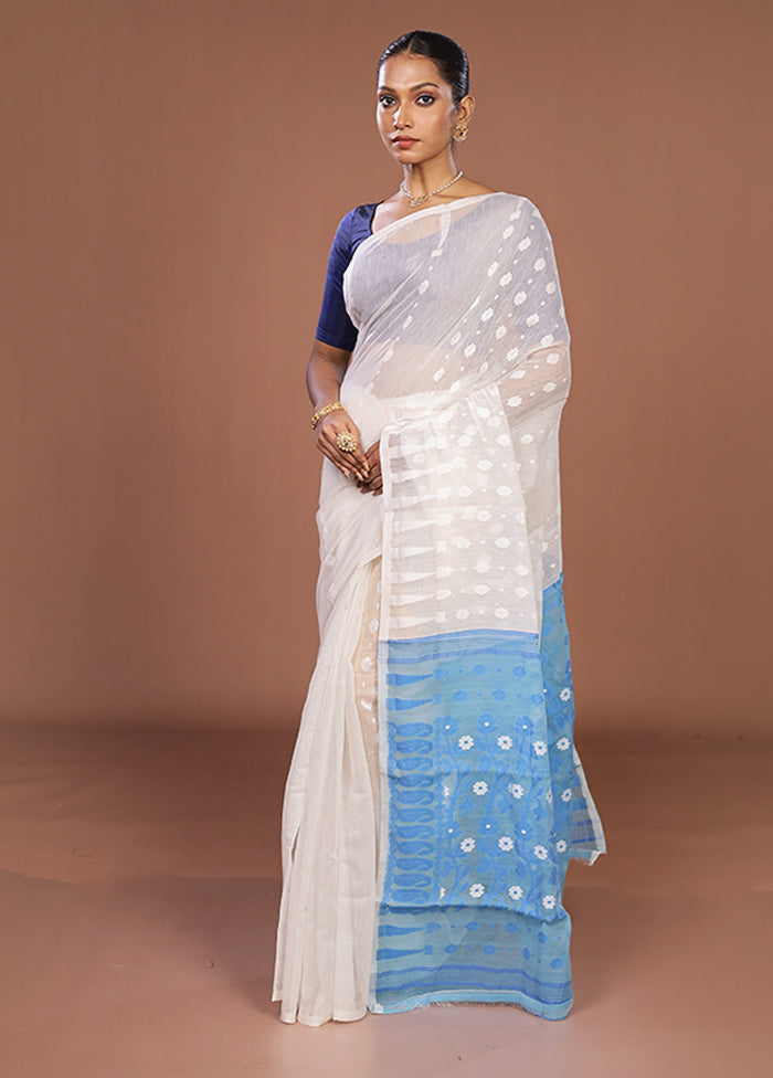 Blue Jamdani Cotton Saree Without Blouse Piece