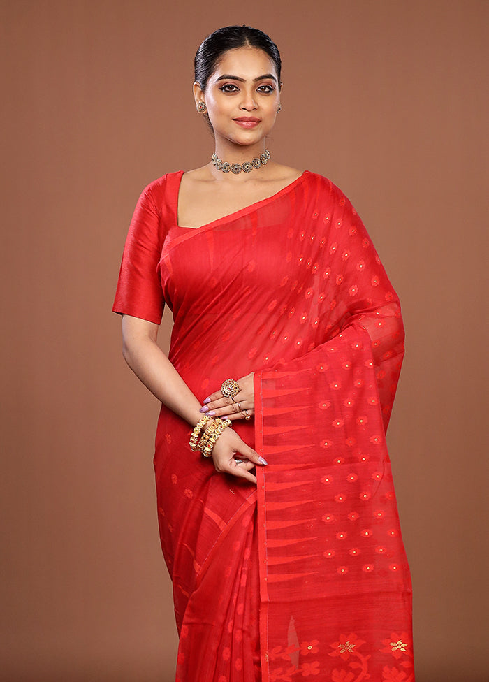 Red Jamdani Cotton Saree Without Blouse Piece