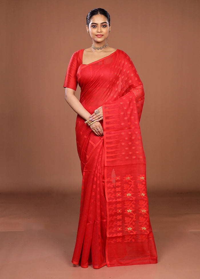 Red Jamdani Cotton Saree Without Blouse Piece